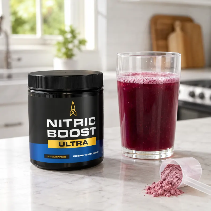 Nitric Boost Ultra jar with drink