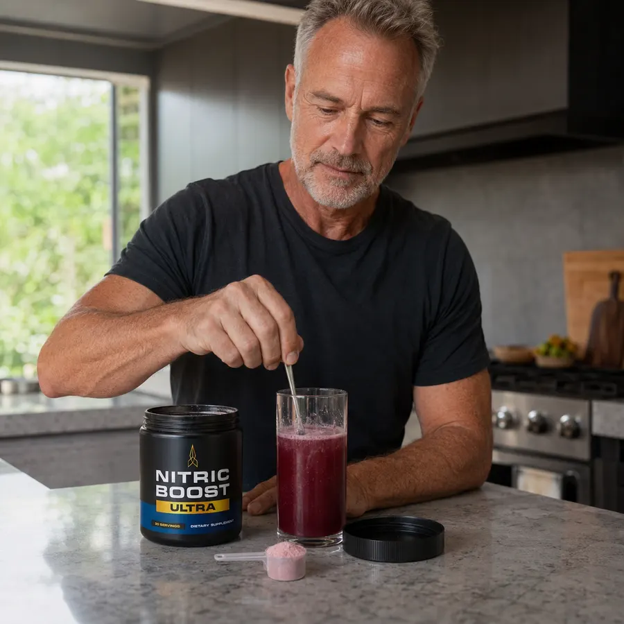 Man mixing Nitric Boost Ultra™ — natural nitric oxide booster for blood flow and stamina